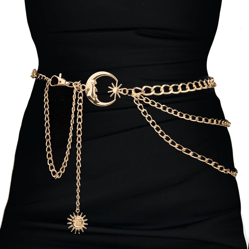 Pinsit Moon and Sun 3 Layered Metal Waist Chain Belt, Chain belt, Chain Belts for Women Dress Jeans(Golden) - Image 1